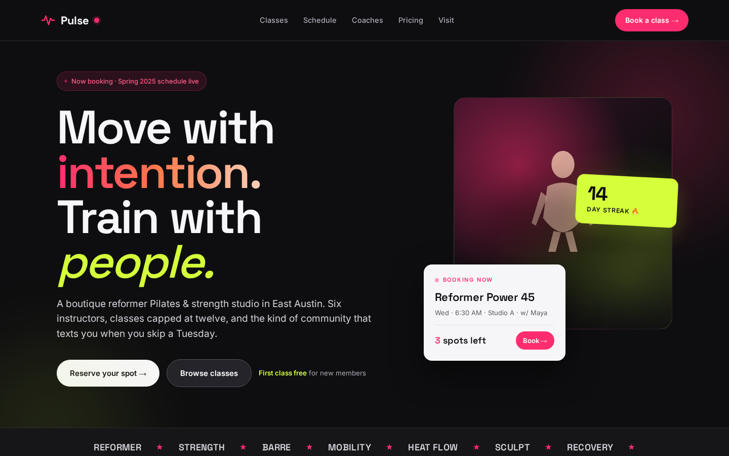 Concept site for a fitness studio: schedule, class pages, and intro offer.